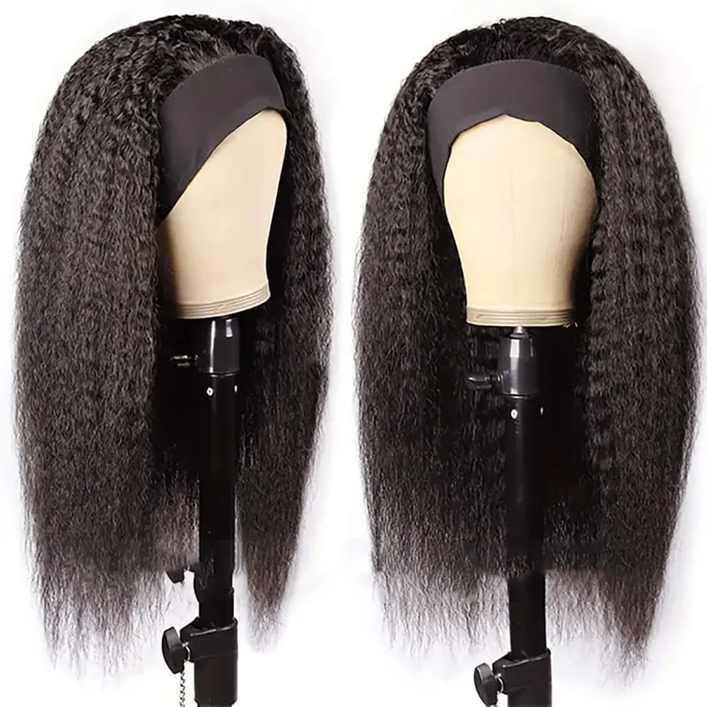 100% Human Hair Kinky Straight Headband Wig Human Hair Beginner Friendly No Lace No Glue Wigs For Women 16A Brazilian Hair 180%