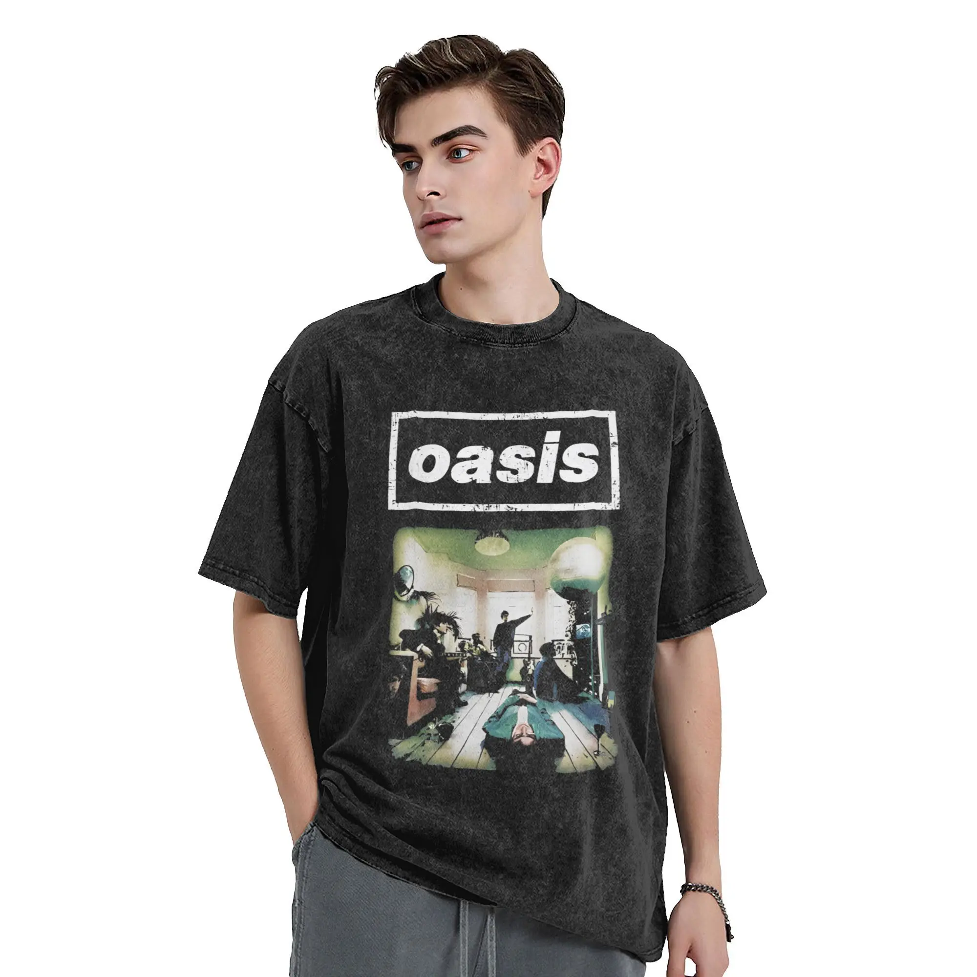 O-Oasis Band 90's Music Pop Rock Vintage Washed T Shirt for Men Women Pure Cotton Vintage T-Shirt Round Neck  Tees Plus Size