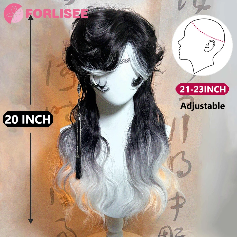 Mullet Head Wig Long Synthetic Curly Hair Black Gradient Fluffy Natural Wolf Tail Hair Men and Women Wig for Daily Party Cosplay