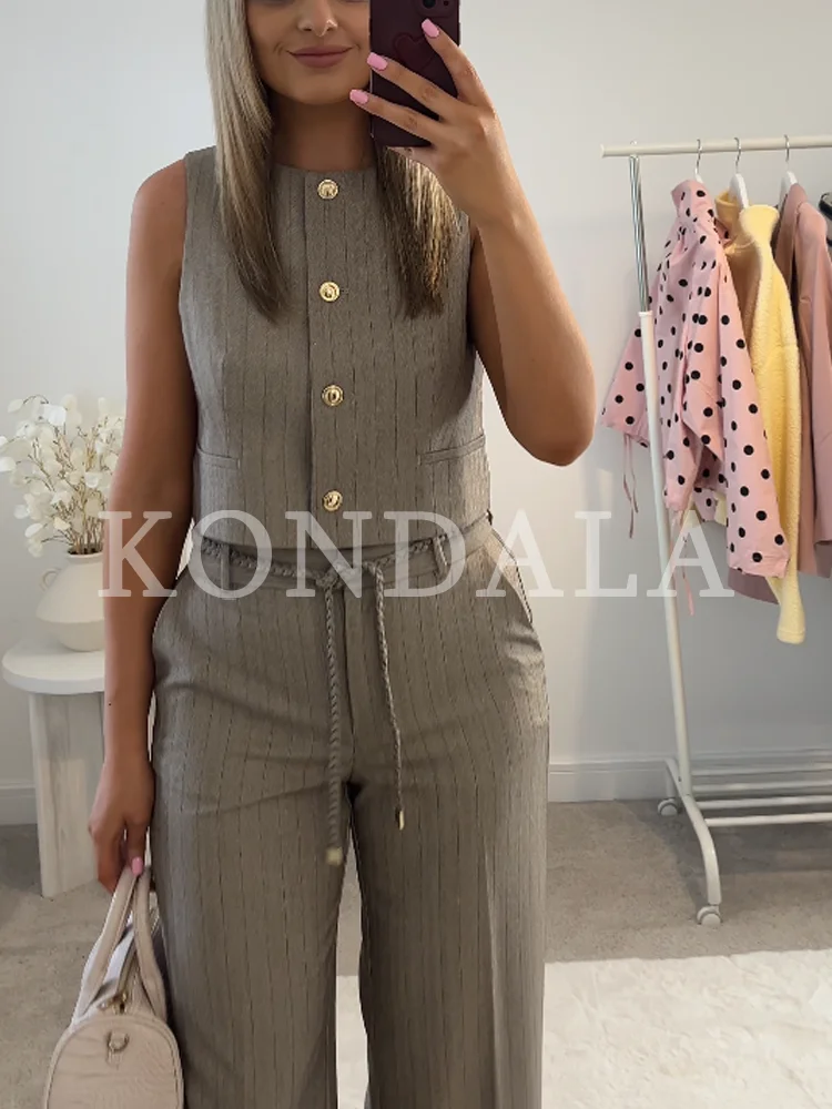 KONDALA Elegant High Street Striped Set Women's Buttons Vest, Woven Belt Trousers New 2026 Summer Fashion Commute Lady Pants Set