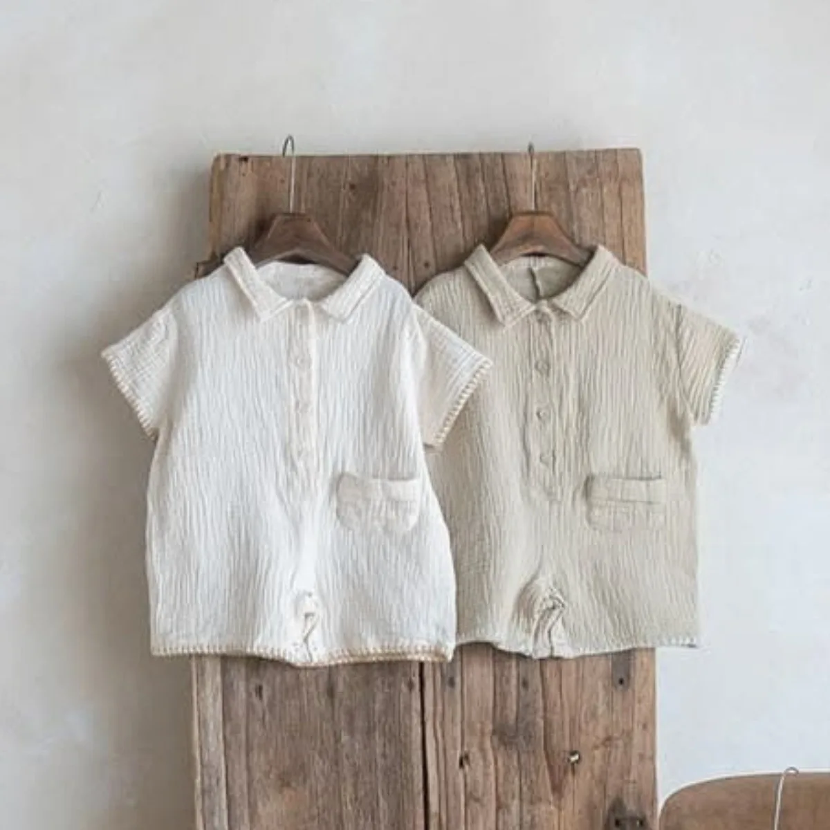 

2025 Summer New Baby Short Sleeve Lapel Romper Solid Newborn Clothes Thin Cotton Infant Toddler Simple Versatile Jumpsuit 0-24M