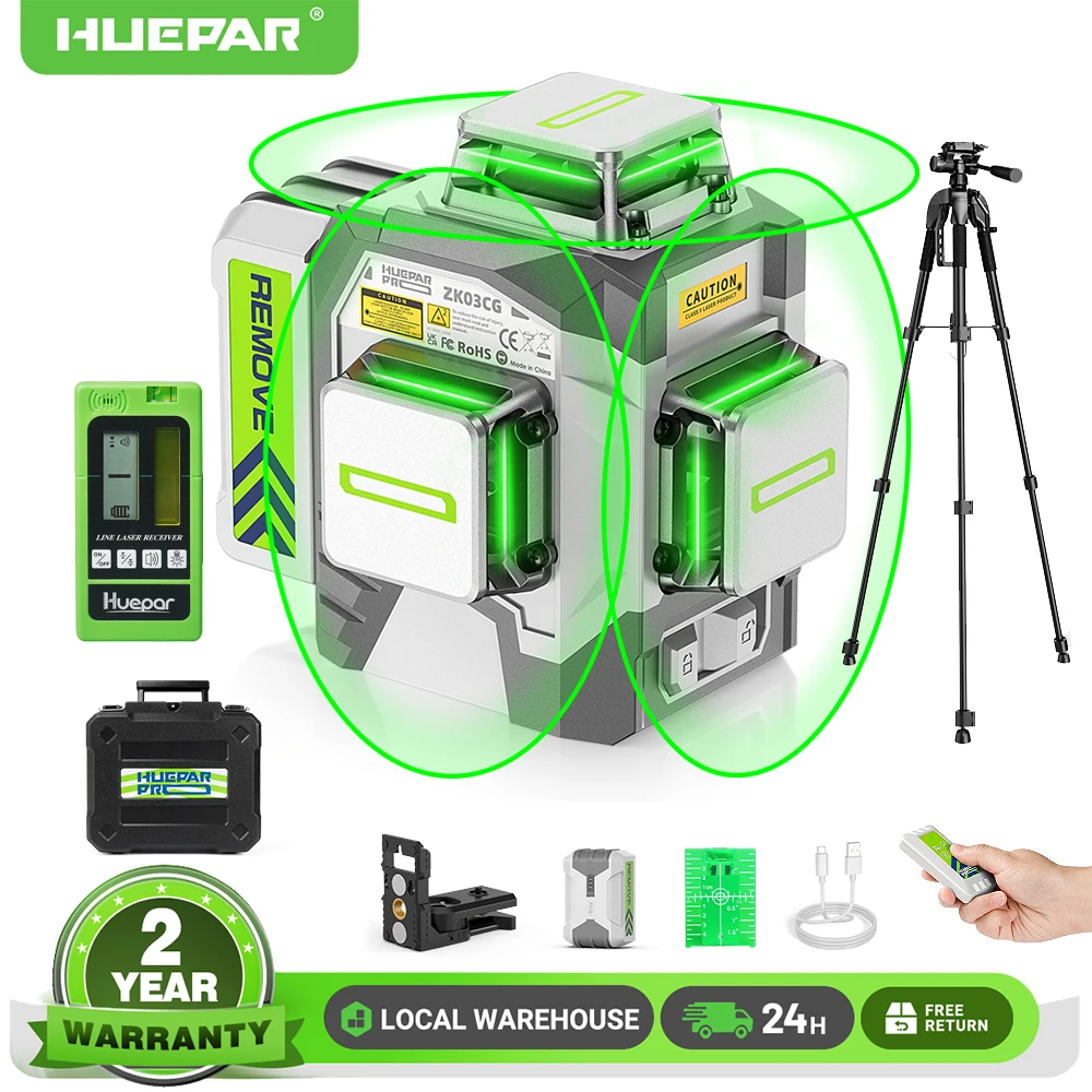 Huepar Pro Hochpräzises ± 2 mm/10 m 12 Linien 3D-Laser-Nivelliergerät mit grünen Kreuzlinien, Laserwerkzeug mit Li-Ionen-Fernbedienung