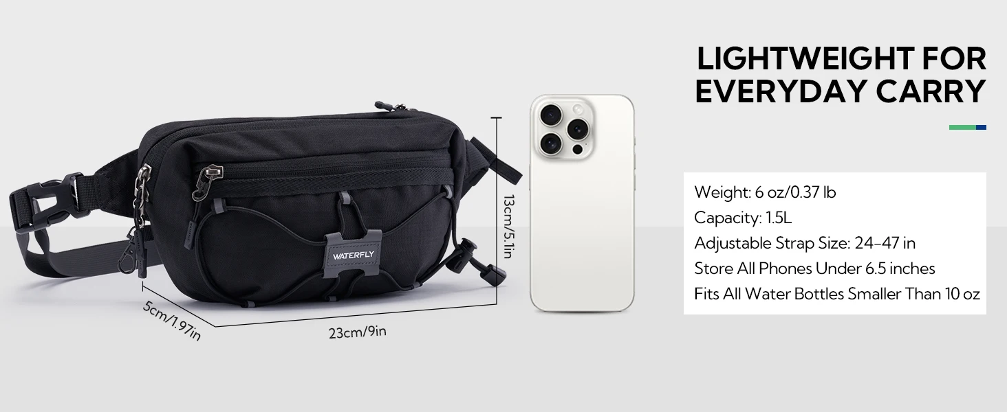 WATERFLY 1,5 l leichte Gürteltasche: RFID-blockierende, diebstahlsichere, wasserabweisende Umhängetasche für Reisen, EDC – Detail 5
