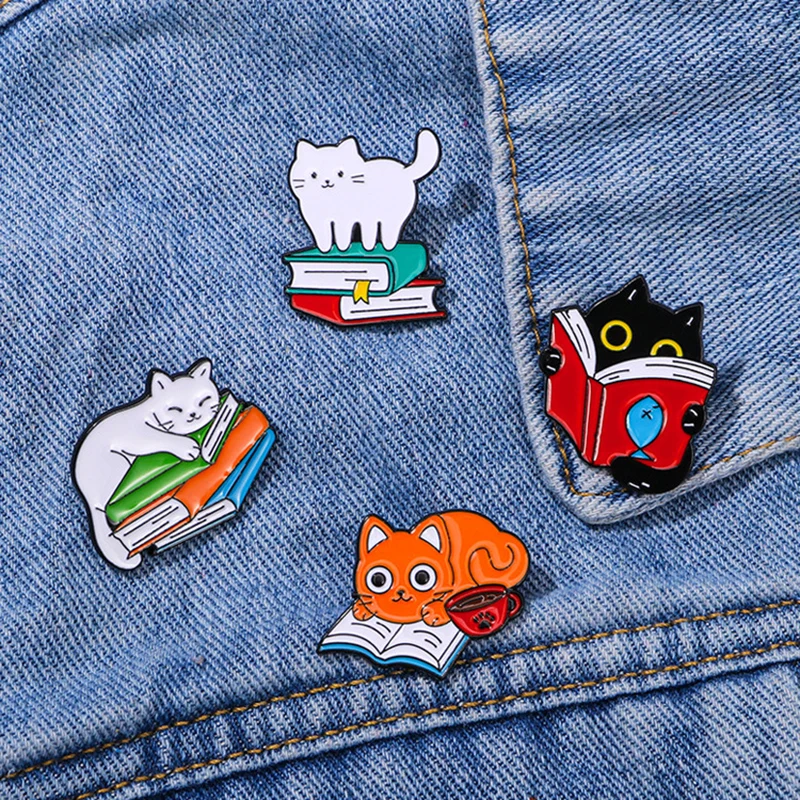 Cute Book Cat Brooch Fish Book Animal Palm Coffee Lazy Book Cat Metal Badge Punk Clothes Lapel Pins Jewelry Accessories Kid Gift