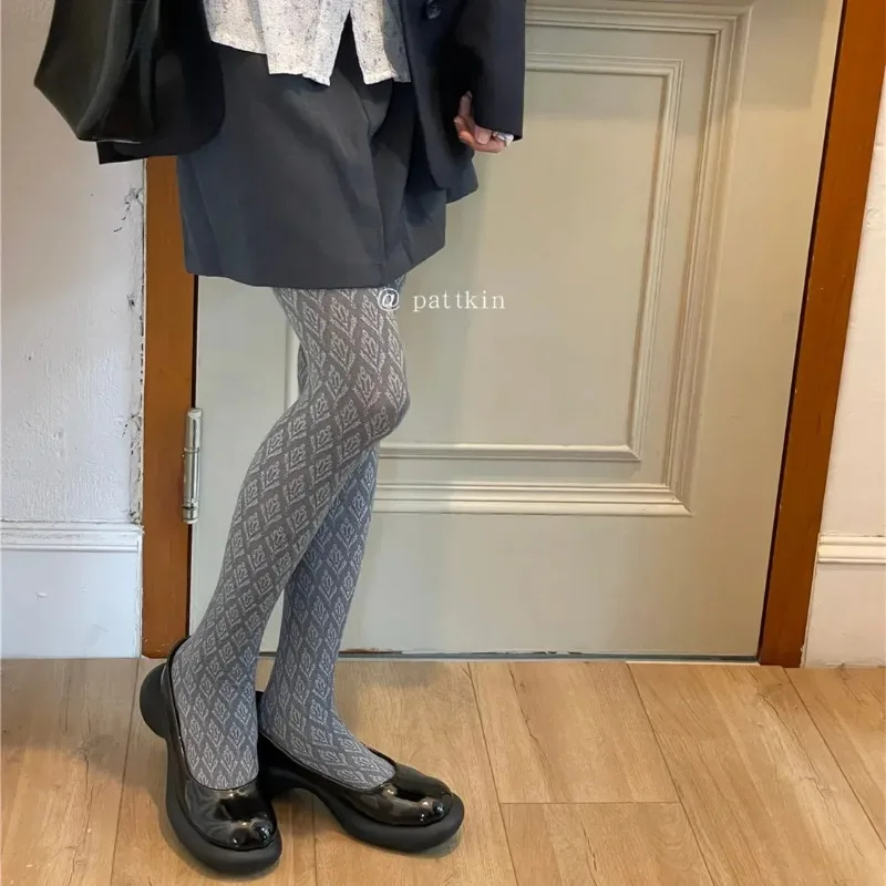 Anime Lolita Retro Silk Stockings Dark Fringe Lozenge Effect Tights Women Cosplay Pantyhose Girl Gray Leggings Socks