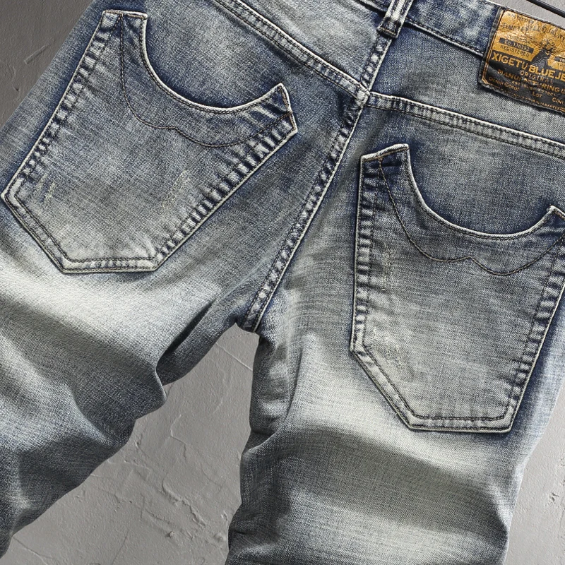 Summer Fashion Vintage Men Jeans Retro Blue Slim Fit Embroidery Patchwork Short Ripped Jeans Men Casual Denim Shorts Hombre