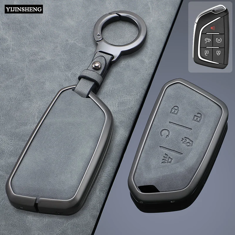5 Buttons Zinc Alloy + Leather Car Key Case Cover Fob Holder Shell For Cadillac CT4 CT5 CT4-V C8 Corvette 2020 2021 Escalade