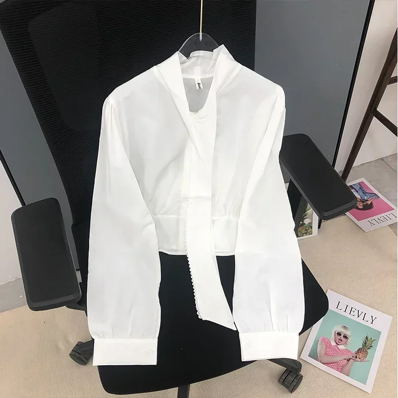 DAYIFUN-Large Bow Neck Shirts for Women Long Sleeve Folding Blouses Thousand Bird Check Vests Casual Simple Tops 2 Pcs Sets
