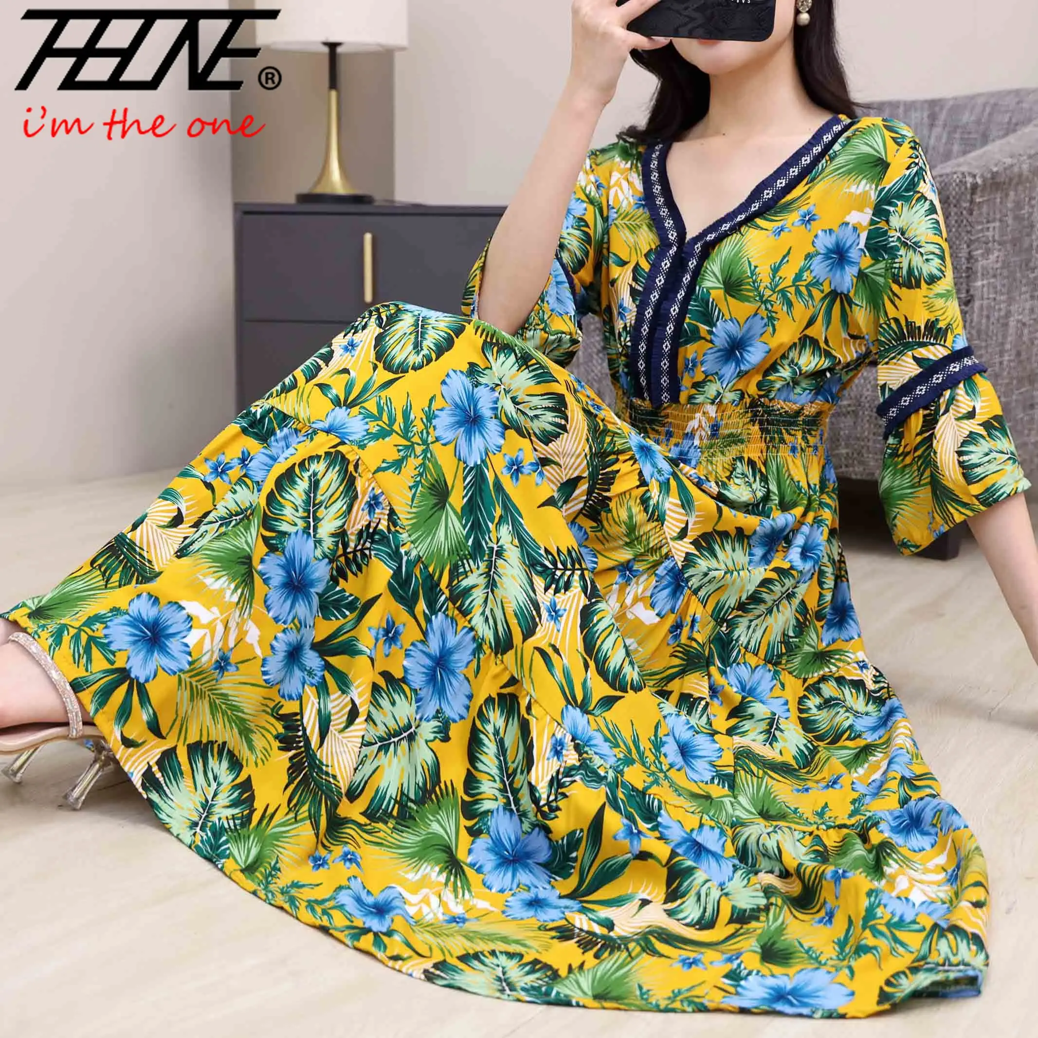 여성용 보헤미안 레이스 프린트 플로럴 코튼 맥시 V넥 캐주얼 빈티지 베스티도 로브, 한국 패션 스타일, 여름 인도 드레스