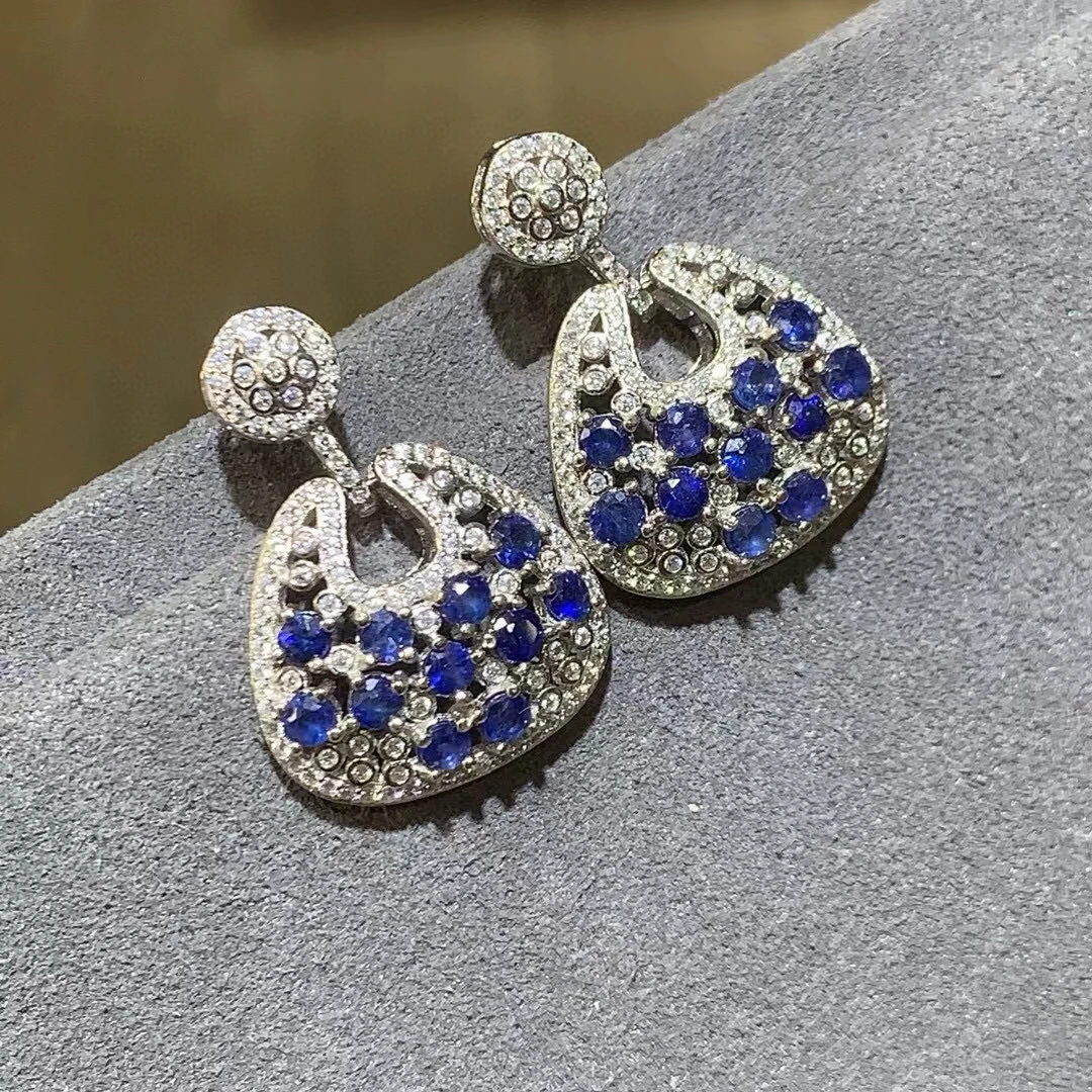 Fine Jewelry S925 Pure Silver Exquisite Inlaid  Natural Sri Lanka Sapphire Women's Earrings High Clarity Gems Support Testing