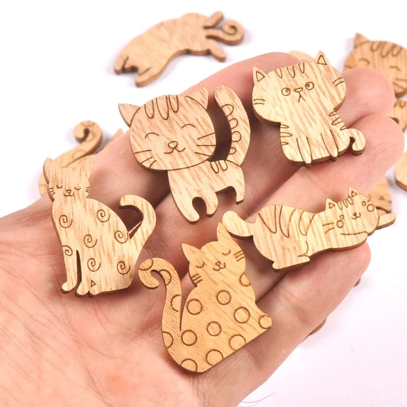 25pcs 2.5-3.5cm Cat Pattern Natural Wooden Chips Scrapbooking Carft for Home Decoration Diy Embellishments cp3423