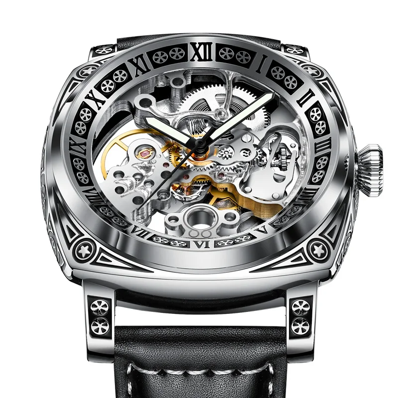 GLENAW Watch Men Automatic Watches Luxury Watch Man Mechanical Wristwatch Skeleton Design Waterproof Leather Strap Male Watch