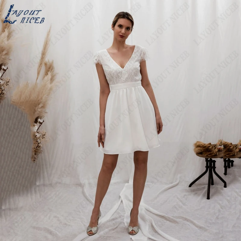 LAYOUT NICEB Mini Chiffon Lace Wedding Dresses Women V-Neck Button Bridal Gowns A-Line Backless Vestidos De Novia Short Sleeve