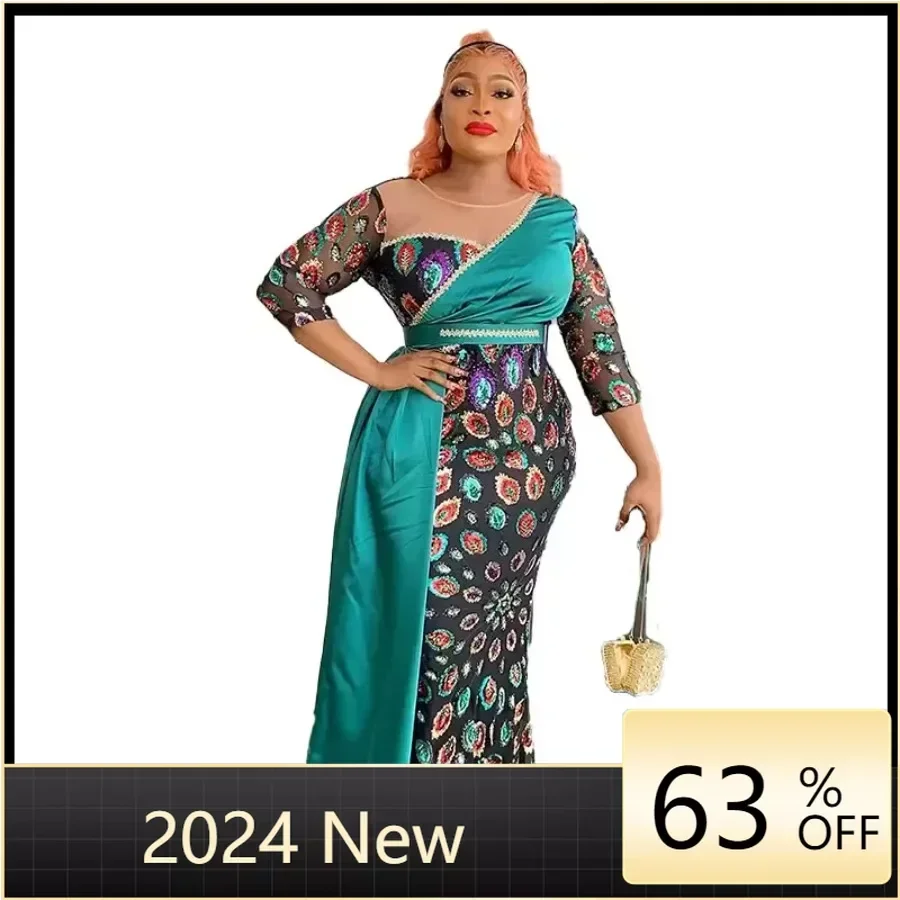 

Elegant Plus Size African Party Long Dresses for Women 2024 New Dashiki Ankara Sequin Evening Gowns Outfits Robe Africa Clothing