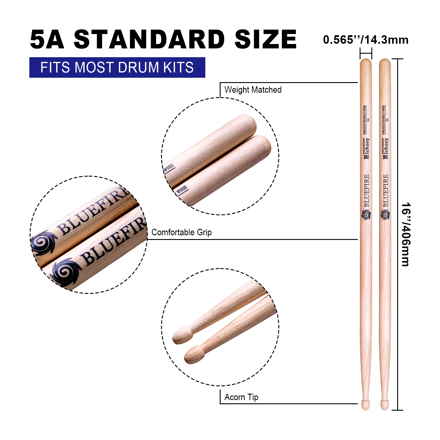 Bluefire 2 Pairs 5A American Hickory Drum Sticks Weight Matched Classic Acorn Finish Tip for Professional Musical Drumstick