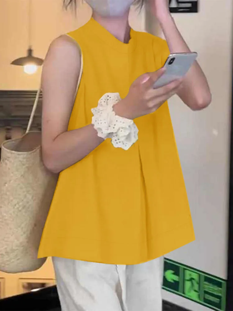 

ZANZEA Women Casual Tops 2025 Summer Sleeveless Solid Color Tunic Tops Loose Pleated Sweet Tanks Fashion Tees Holiday Shirts