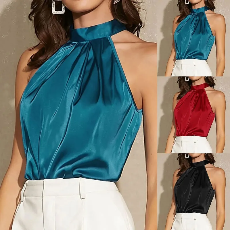 Débardeur élégant en Satin à col licou pour femme, t-shirt sans manches de couleur unie, haut court basique, Image de mode, vêtements pour dames