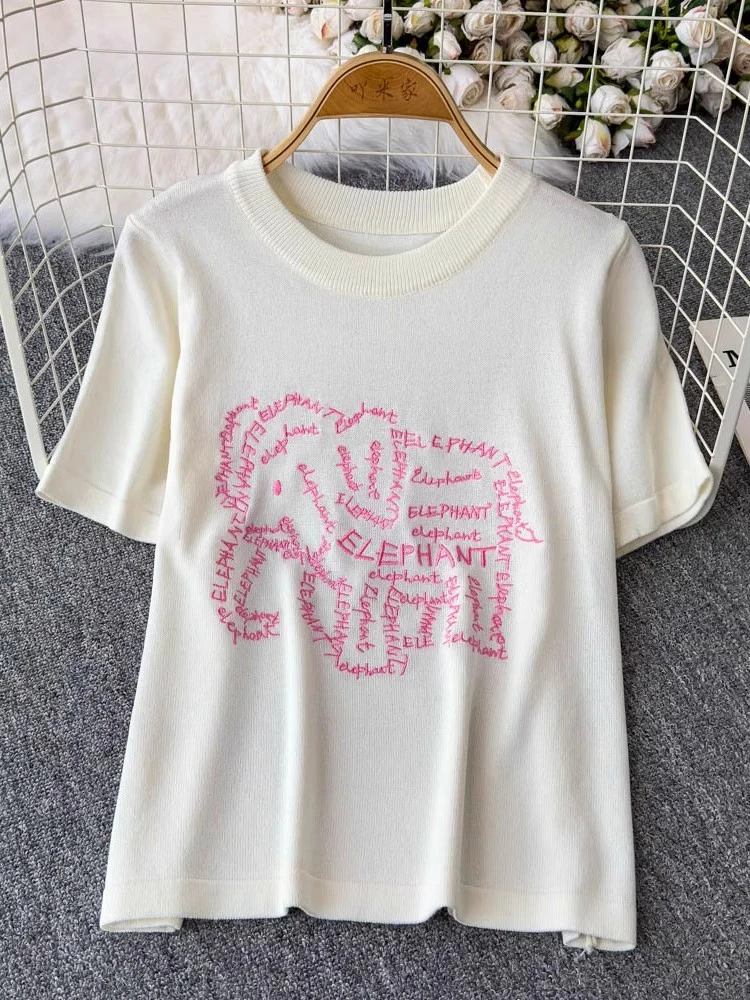 Camiseta con dibujos de elefante para mujer, camisa básica de verano 2025, camisetas de punto de manga corta bordadas, camisetas informales holgadas y ajustadas para mujer