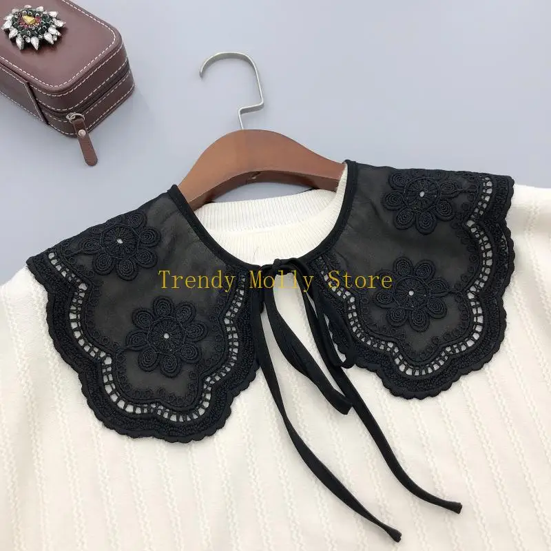 N5KB ذوي الياقات البيضاء قابلة للفصل الياقات الأزهار المطرزة لفتيات قميص قميص سترة #3