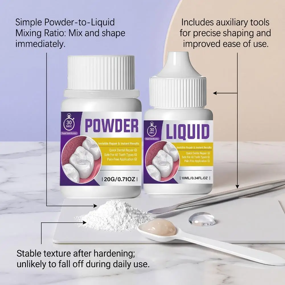 Dental Powder And Liquid Kit With 20g Powder Bottle And 10ml Liquid Bottle Plus Mixing Accessories For Tooth Repair Preparation