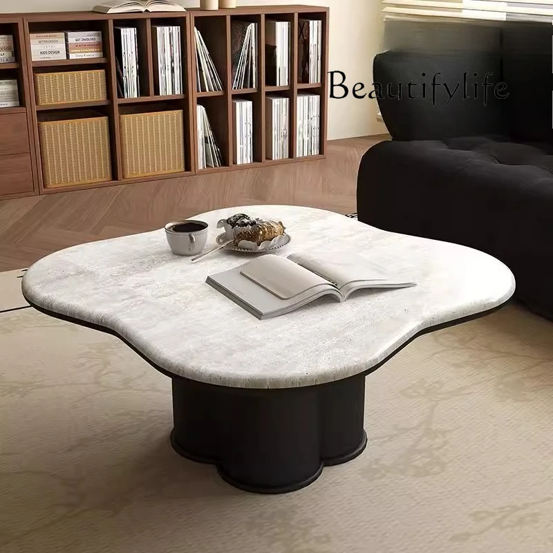 

Travertine coffee table French retro small apartment rock slab Italian solid wood living room home light luxury designer