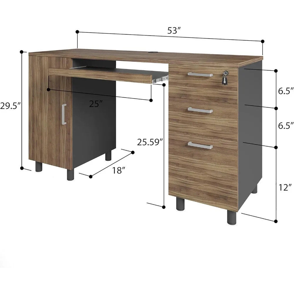 Bureau d'ordinateur de bureau Venise au design moderne avec 3 tiroirs verrouillables et armoire de rangement