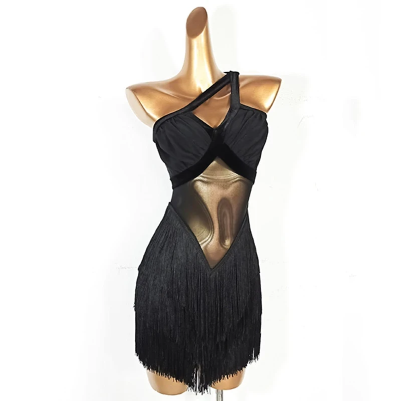 Costume de fête sans manches en fil extensible, Rumba Salsa, robe de danse latine Sexy avec pompon, épissage de couleur Pure, Performance pour femmes, nouvelle collection