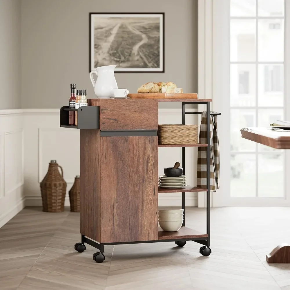 

Kitchen Island with Open Shelf，Rolling Cart with Spice and Towel Rack for Small Space