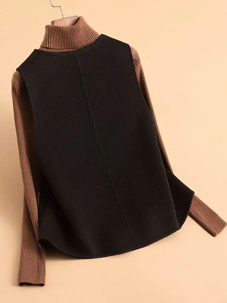 빨간색 울 조끼 코트 여성용 신상 중국 스타일 친다오 니트 아우터웨어 출퇴근용 라운드 넥 오버 롱