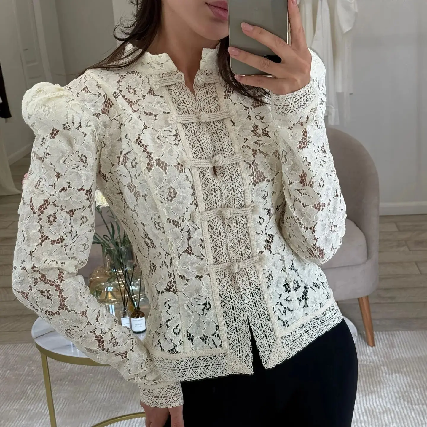 

Women Lace embroidered shirt top sexy elegant temperament lady tops