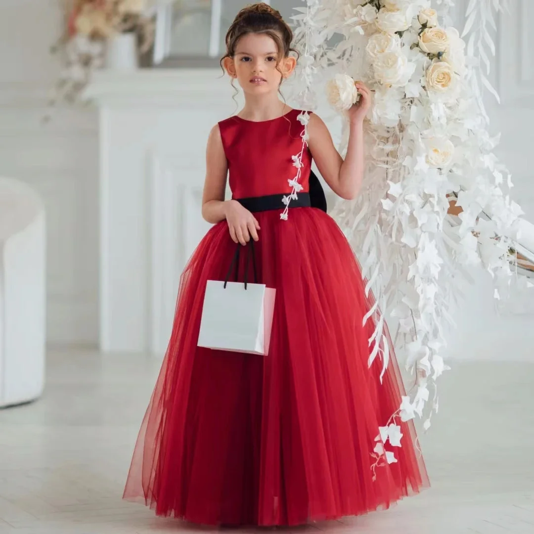 Customized Burgundy Trail Round Neck Applique Flower Girl Dress First Wedding Elegant Flower Child Party Dinner Communion Dress