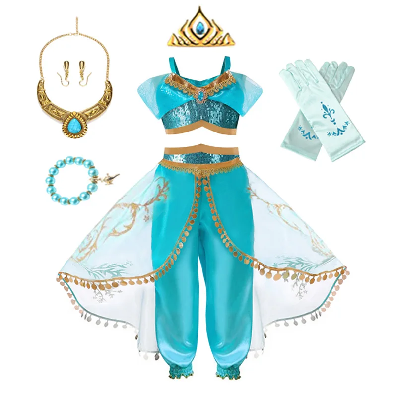 Disney Jasmine Princess Dress for Girls Cosplay Aladdin Magic Lamp Costume Outfit Girls Halloween Kids Carnival Dance Vestidos