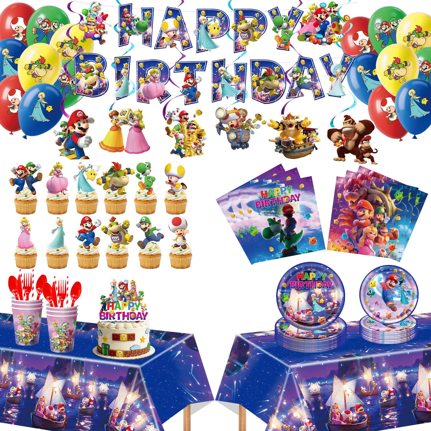 Set Completo de Artículos para Fiesta de Cumpleaños de Mario, Kit de Decoración con Temática de Galaxy Mario, con Pancarta, Globos, Vajilla y Adornos para Pastel para Niños