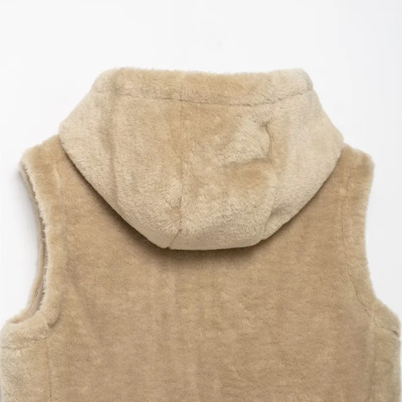 Kunstpelzwesten mit Kapuze, ärmellos, Khaki, solide, einreihige Pelzjacken, flauschig, stilvoll, warm, dick, Plüschmäntel, Kunstfuchs, Luxus