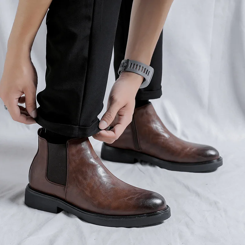 

men's casual chelsea boots party banquet dress black brown flats shoes cowboy genuine leather boot slip-on ankle botas masculina