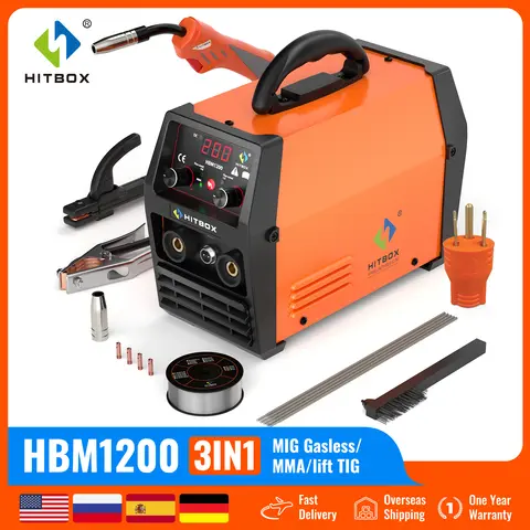 HITBOX 3 in 1 HBM1200 반자동 용접기 110V/220V 인버터 TIG 아르곤 ARC 가스리스 MIG 용접기 IGBT 시너지 도구