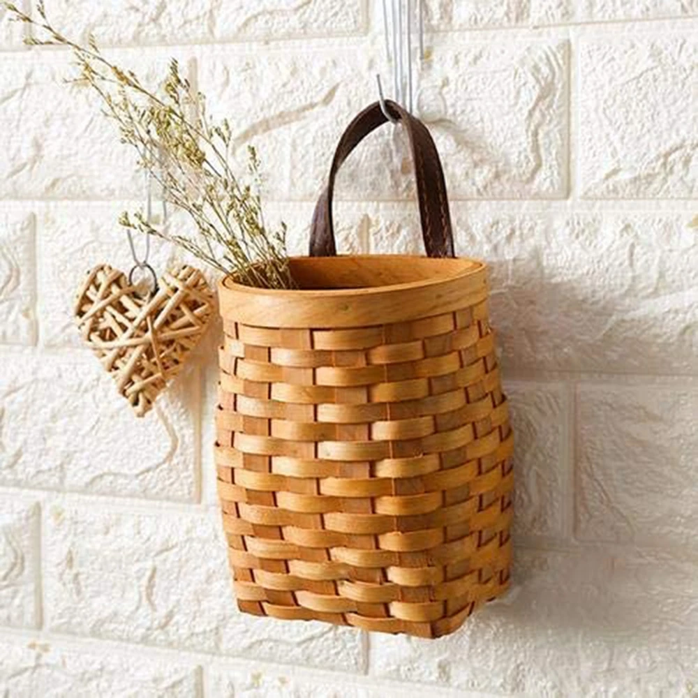 Hand-Woven Wood Storage Basket Portable Wall Hanging Flower Basket Organizer Fruit Vegetable Toys Rattan Box Home Decoration