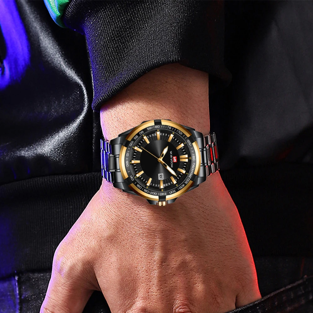 Men Watch Fashion Business Black Face Gold Case Stainless Steel Waterproof Luminous Quartz Wristwatch Men\'s Watches Dropshipping