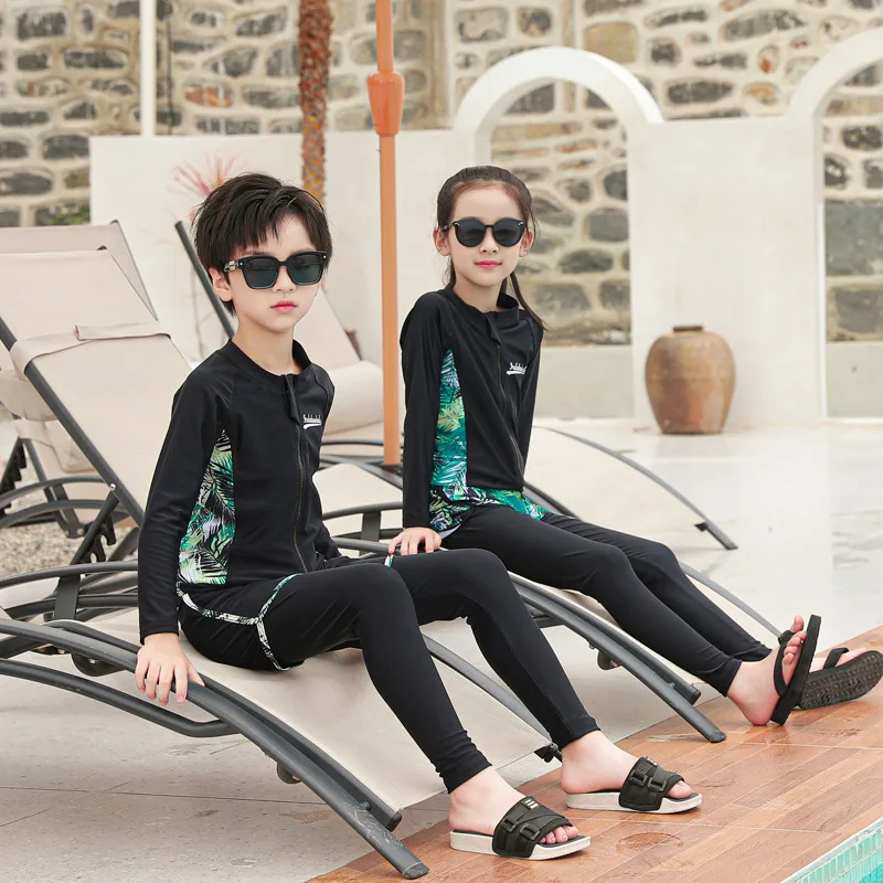 Three Piece Long Sleeve Cover Up Swimwear Korean Beach Wear Kids Girls Boys Swimsuits Patchwork Surf Bathing Suits Shorts Pants