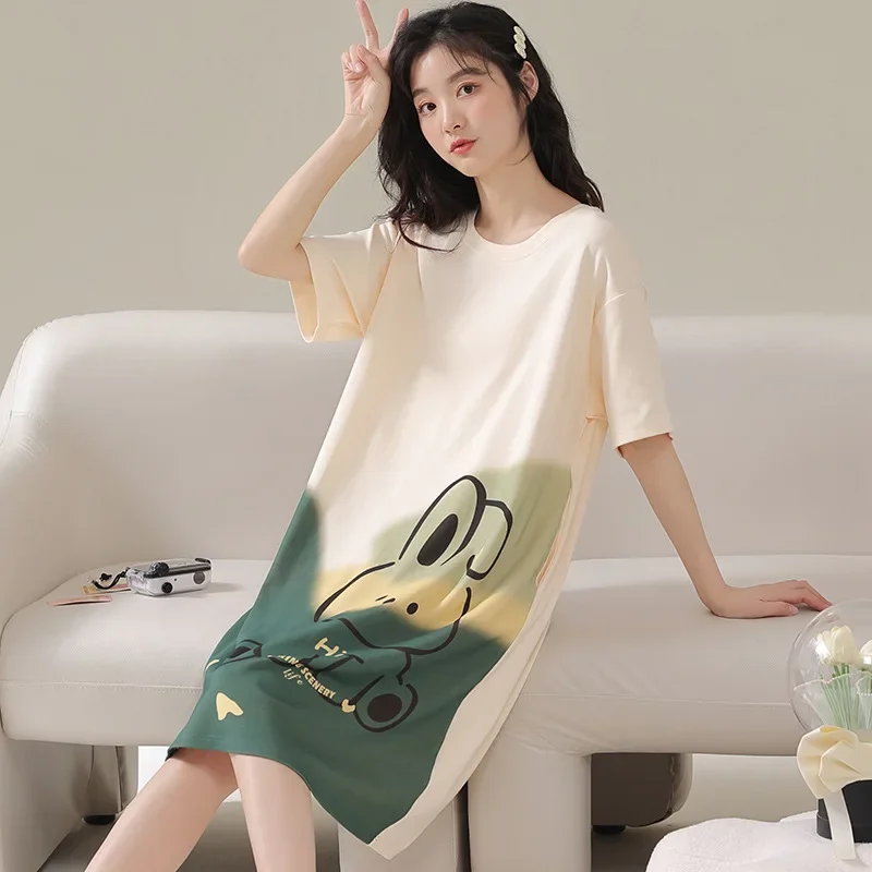 Women Large Size Pajamas Short-Sleeved Nightgown Cartoon Bear Xl Long Girl Robe Rabbitlong Skirt Loungewear Sexy Nightwear Dress