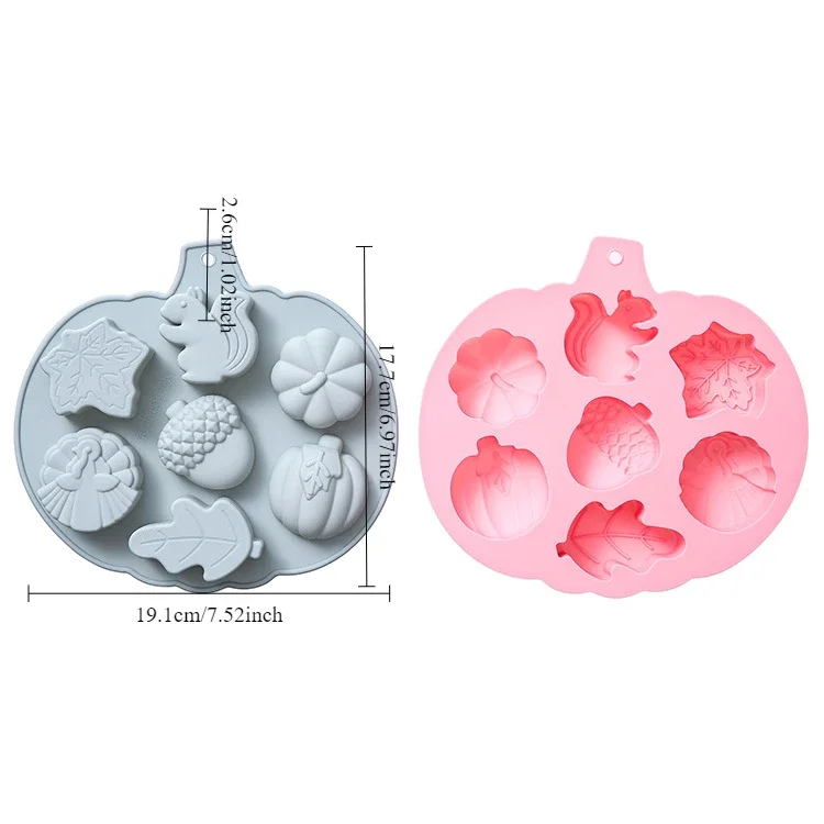 7-hole Autumn Harvest Theme Squirrel Pumpkin Turkey Leaves and Other Modeling Silicone Mold Ice Grid Epoxy Cake Mold