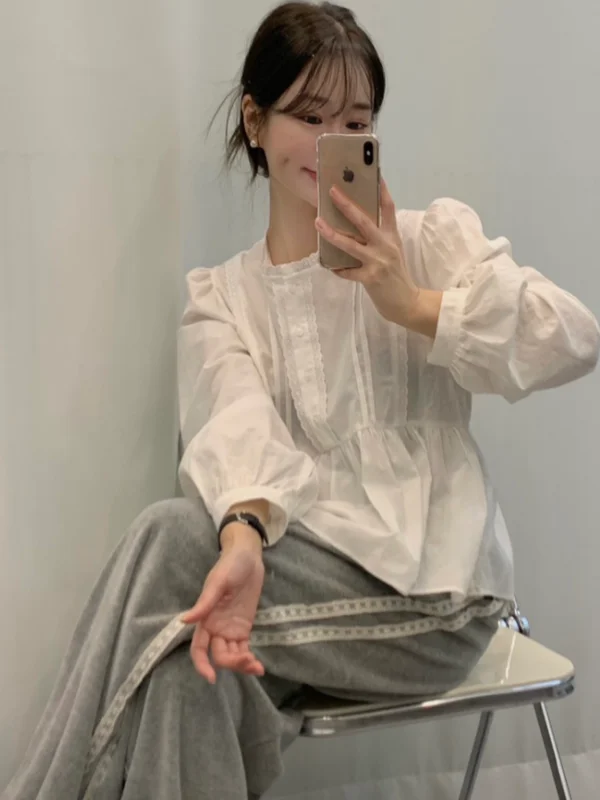 Ele encaje empalme largo Sve Fre blanco irt mujer encaje lateral ribete terciopelo Thiened pantalones largos conjunto elegante traje de invierno