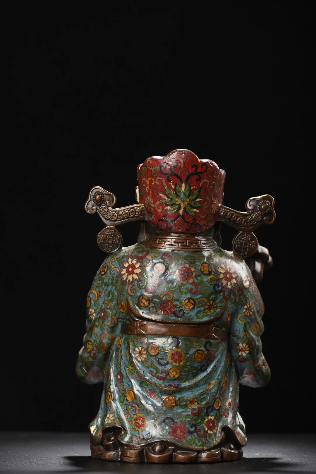 

13"Old Xizang Folk Collection Old Bronze Cloisonn Enamel Yuanbao Coins God of Wealth Statue Amass wealth Worship Hall Town house