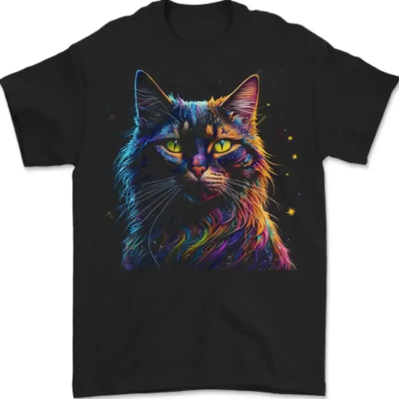 A Mens 7 Fancy Cat T-Shirt With Cool Colors 100% Cotton