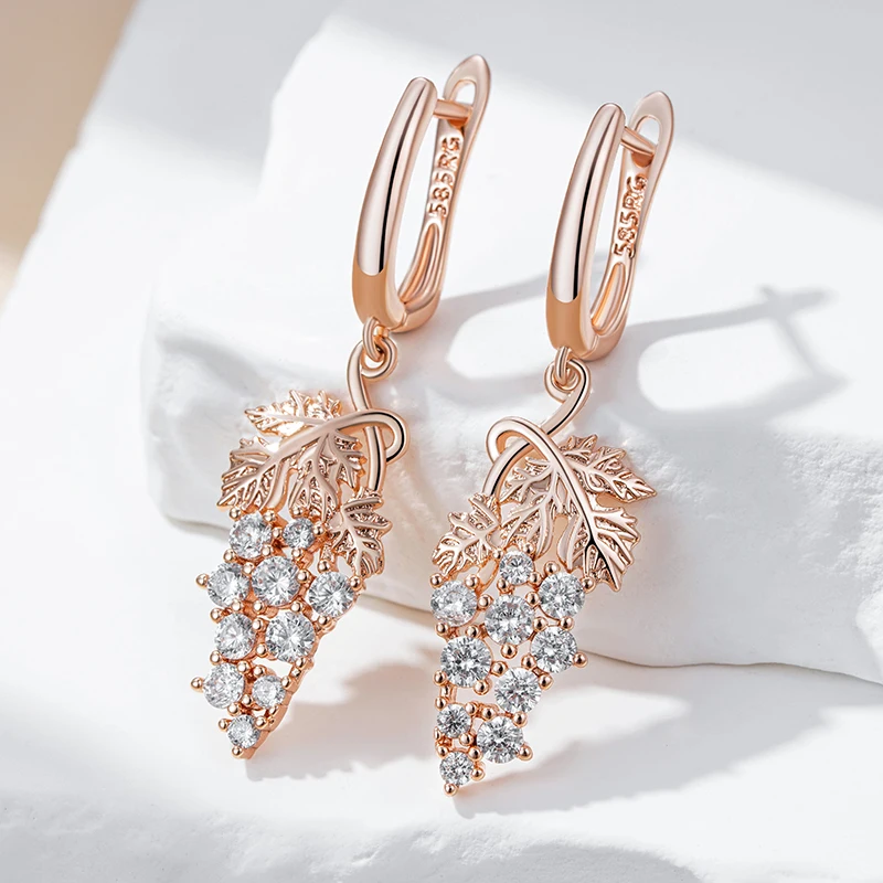 Kienl Hot Full Shiny Natural Zircon Long Drop Earring for Women 585 Rose Gold Color Unique Crystal Grape Daily Vintage Jewelry