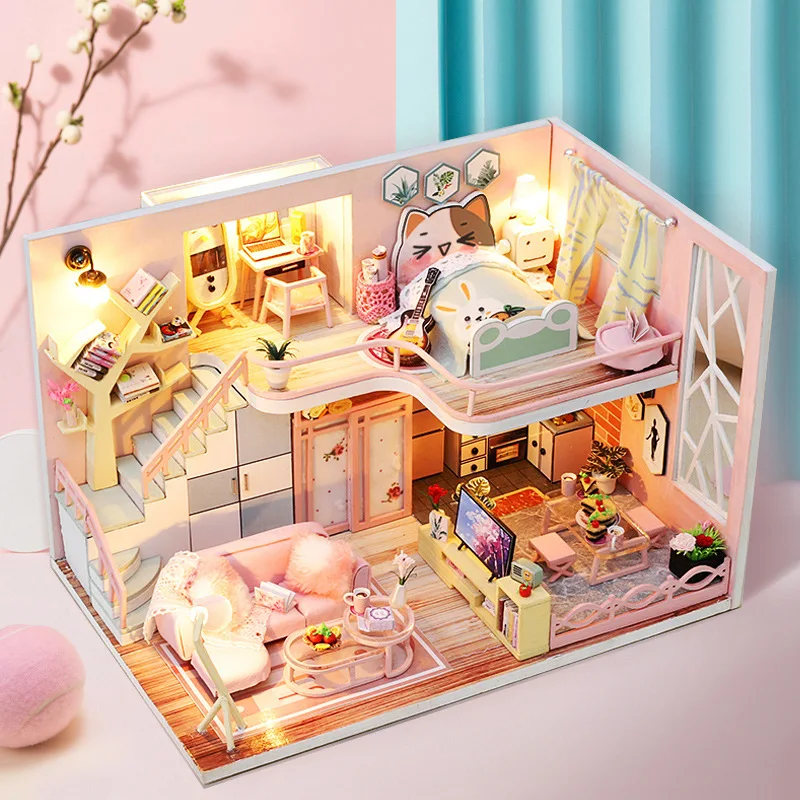 Diy Doll House With Furniture Light Wood Dollhouse Case Miniatures Kits For Children Home Puzzle Toys Birthday Christmas Gifts