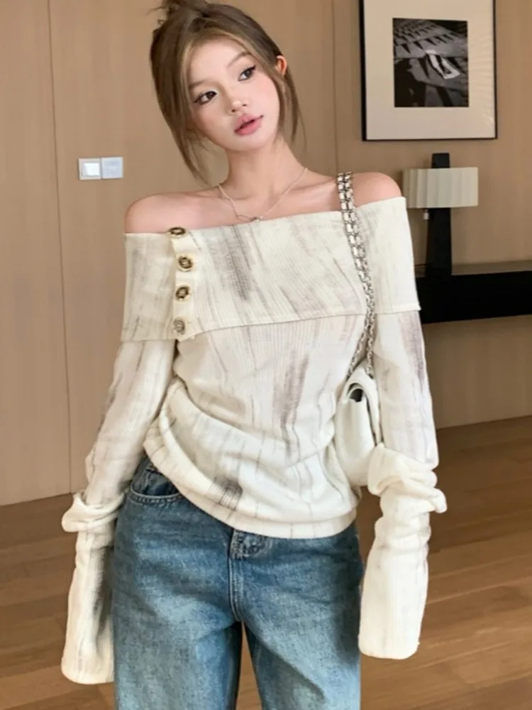 

Design Sensation Shoulder Baring Long Sleeve Knitted Sweater Women's Innerwear Outerwear Small Top Trendy Street Style