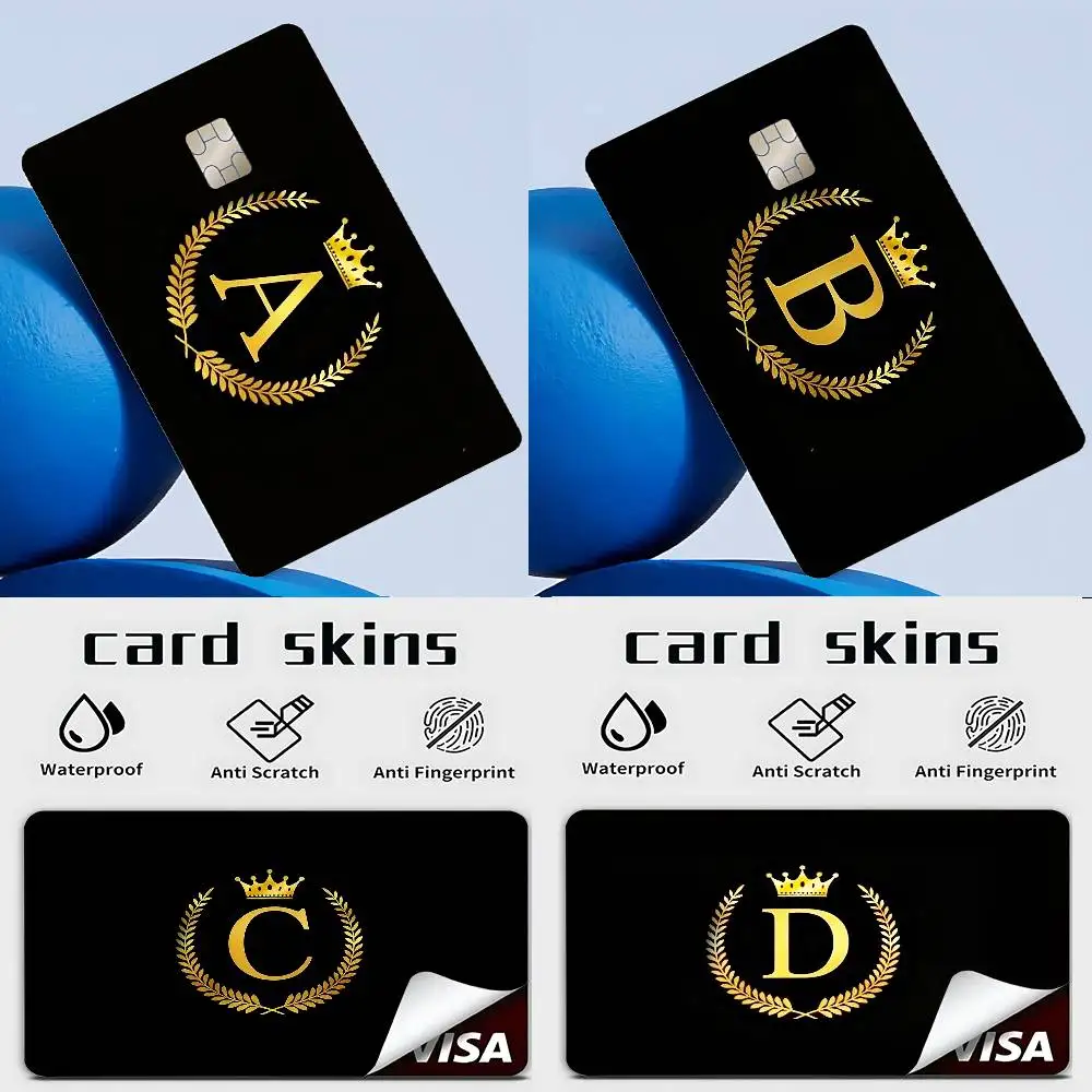Schwarze goldene Kronen-Buchstaben-Kreditkarten-Skin-Aufkleber, matt, kratzfest, geeignet für VISA-Karten, Bus- und U-Bahn-IC-Karten.