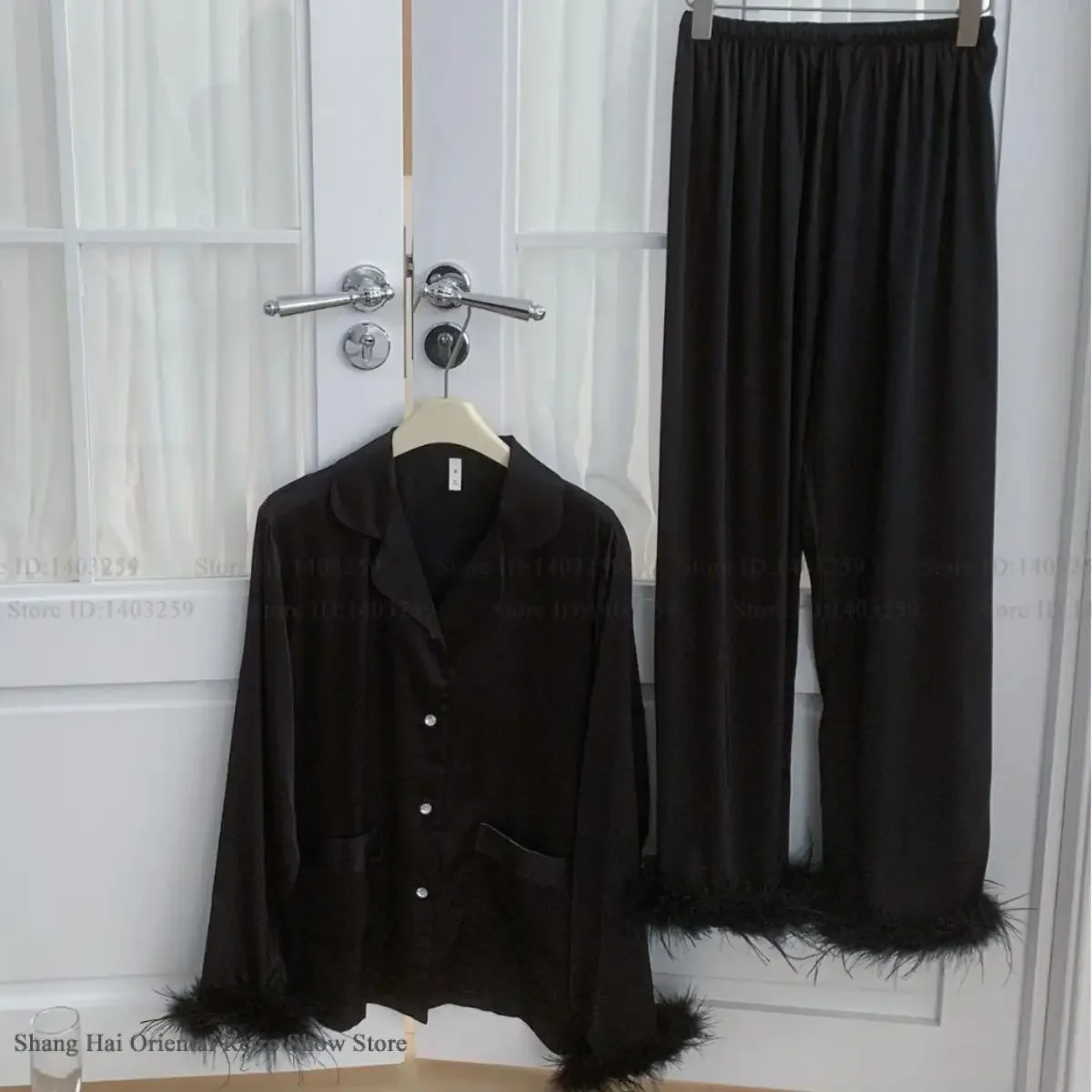 

Luxury Long Sleeve Feather Pajamas 2Pcs Sleepwear Comfortable Silk Satin Nightwear Pijamas Suit Loose Casual Homewear Loungewear