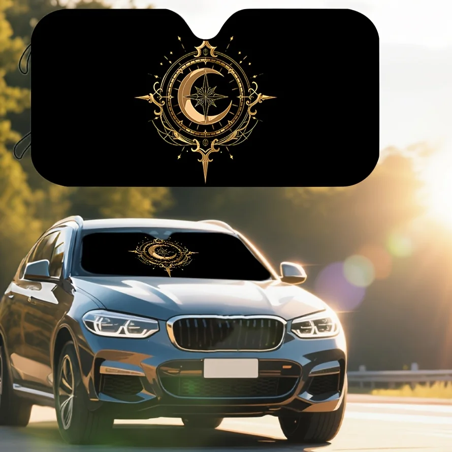 Opulent Golden Moon Compass Car Sunshade Stylish Design for Front Windshield Shielding Prevents UV Rays Lowers Temperature,
